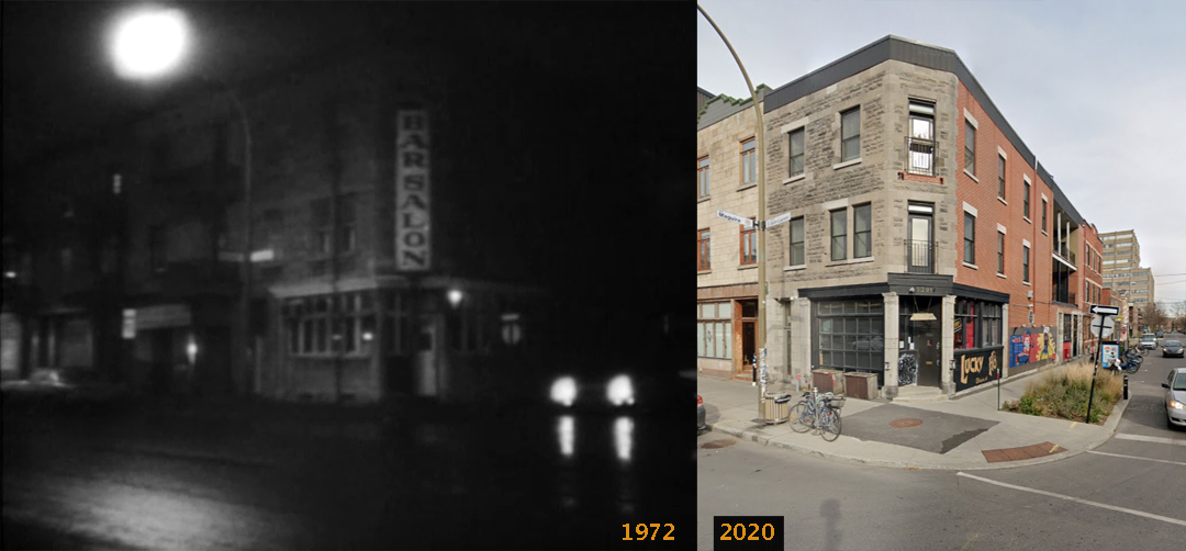 comparison image, 1972 frame from the film vs 2020 Google street view
