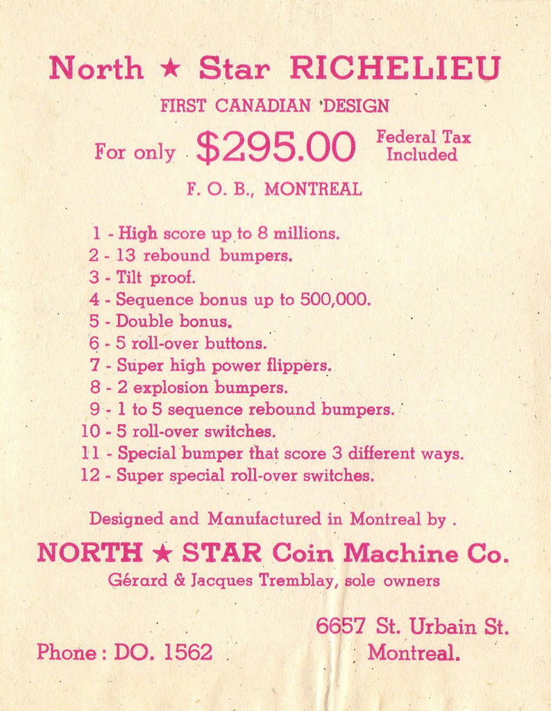 [image: North Star Richelieu pinball machine flyer]